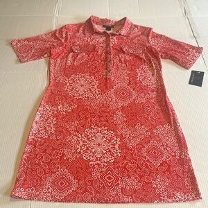 NWT Stella & Julie orange red & white A-Line Mini Dress Polo Collar button down